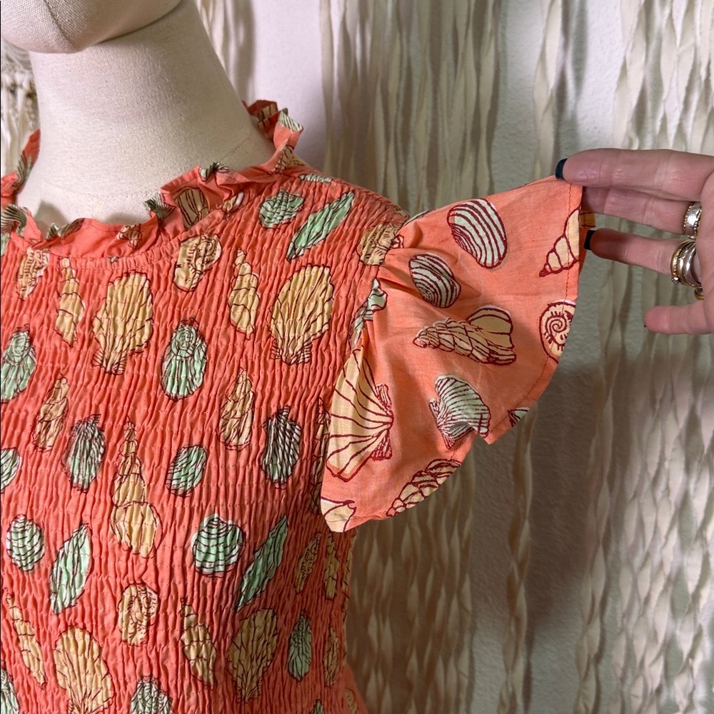 Victoria Dunn Elastic Smocked Chest Shell Print Below Knee Cap Sleeve Dress XS - Picture 5 of 11